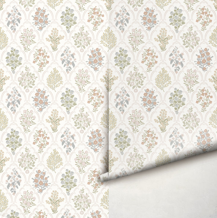 Cottage Arched Scalloped Botanical Wallpaper - Light