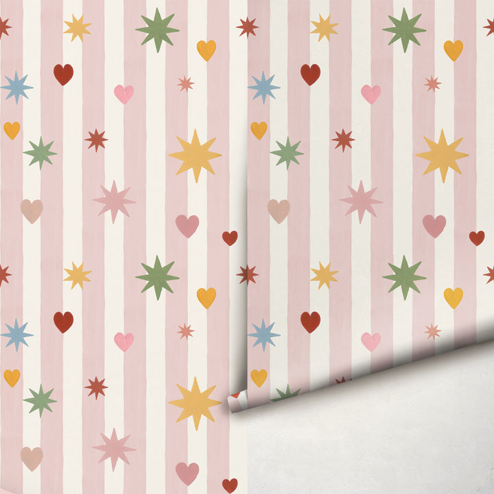 Pink Stripes Hearts Stars Wallpaper
