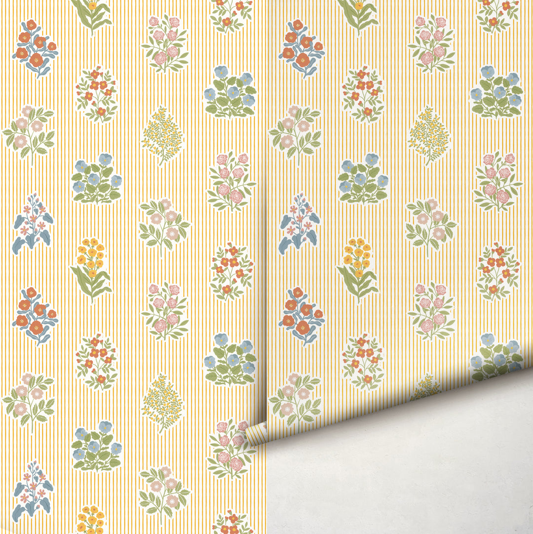 Cottagecore Floral Striped Wallpaper - Yellow