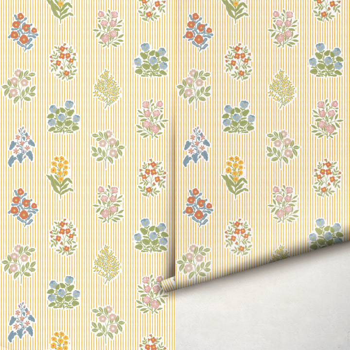Cottagecore Floral Striped Wallpaper - Yellow