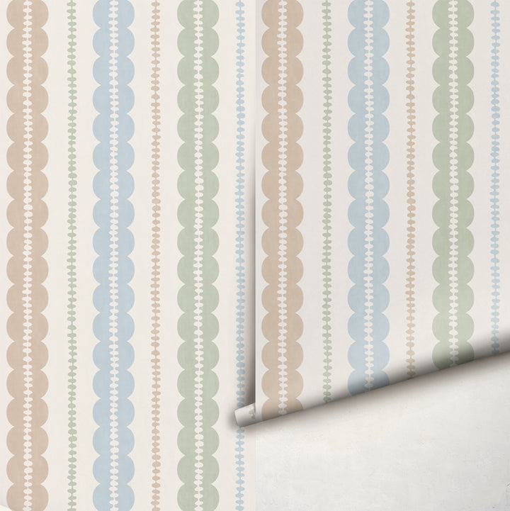 Pebble Column Stripe and Ribbon Wallpaper - Nude, Blue, Sage on Cream