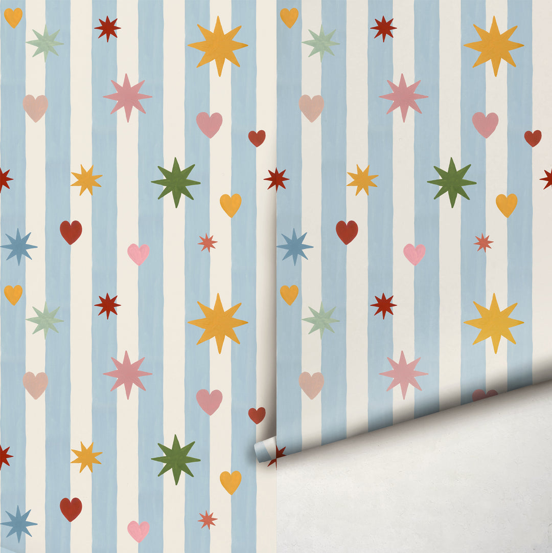 Blue Stripes Hearts Stars Wallpaper