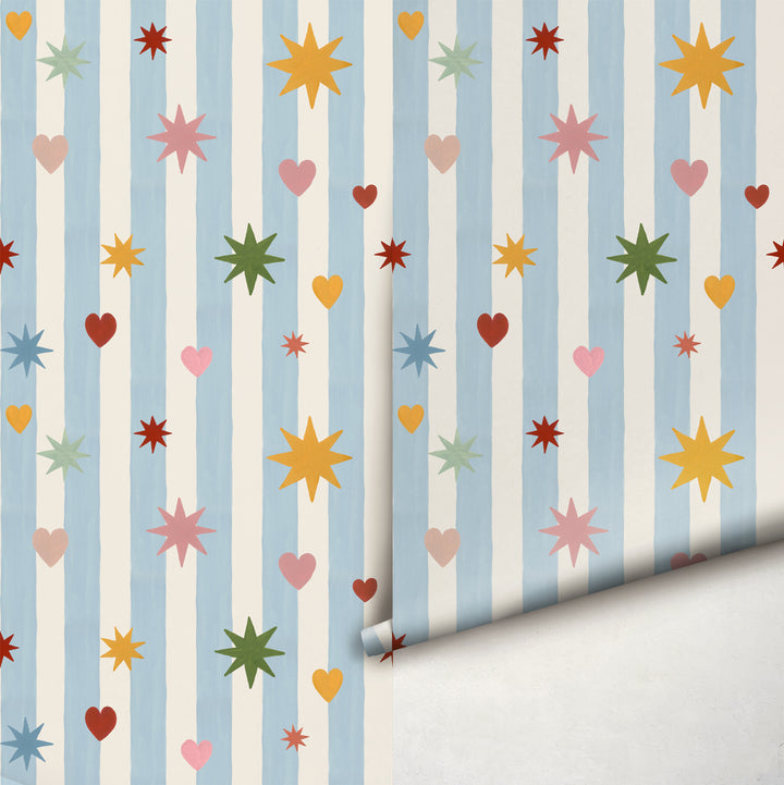 Blue Stripes Hearts Stars Wallpaper
