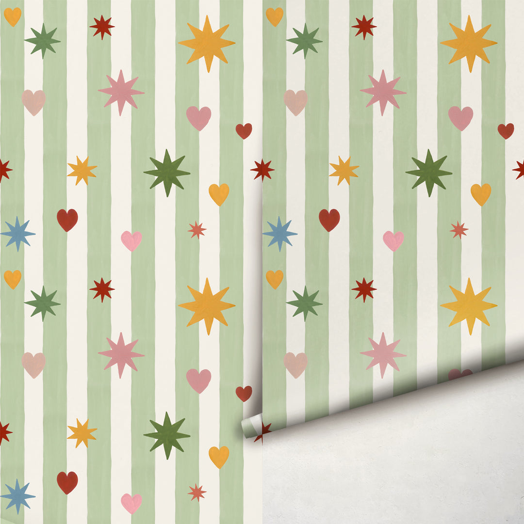 Green Stripes Hearts Stars Wallpaper