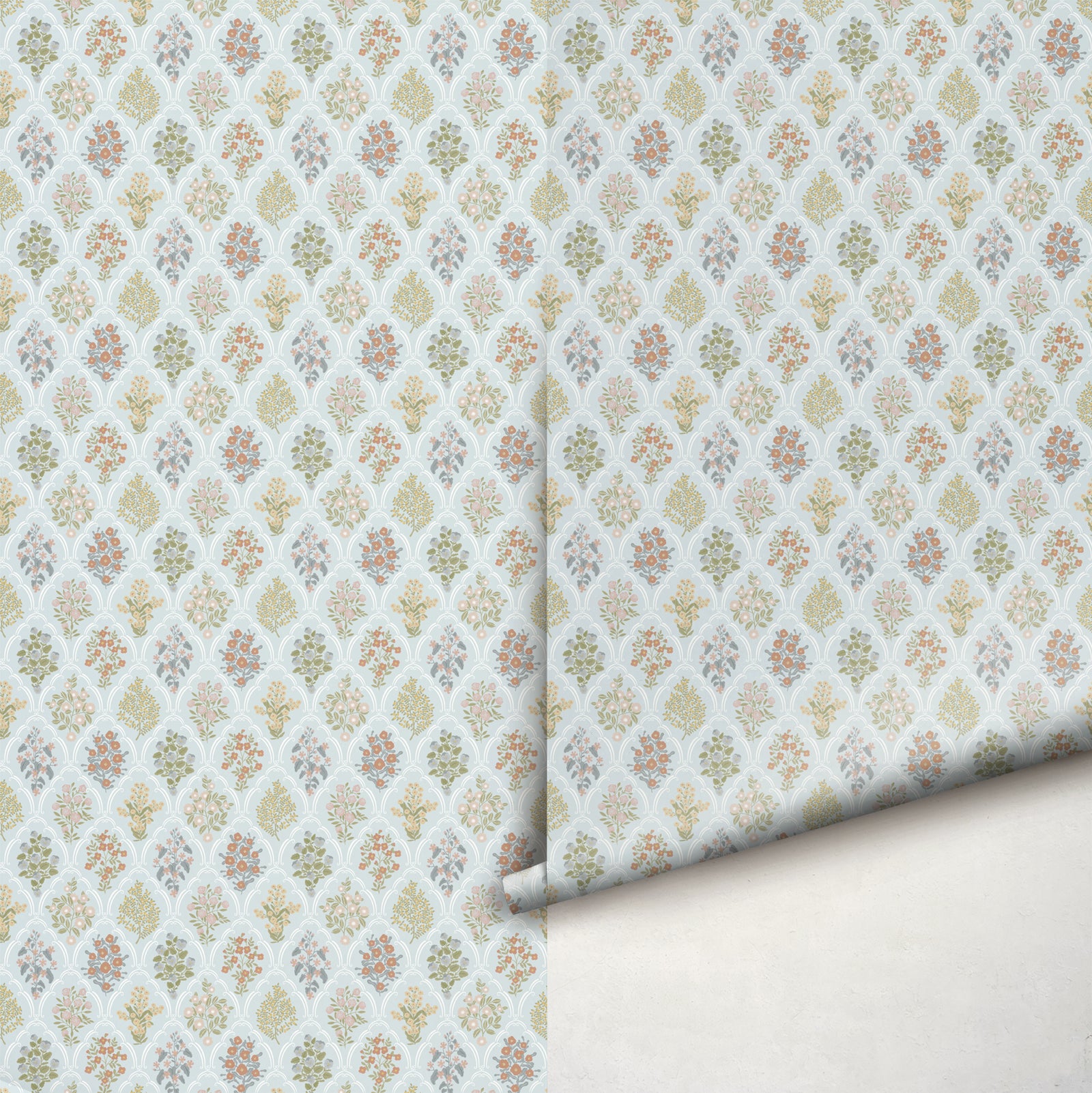 Dainty Cottage Arched Scalloped Botanical Wallpaper - Light Blue