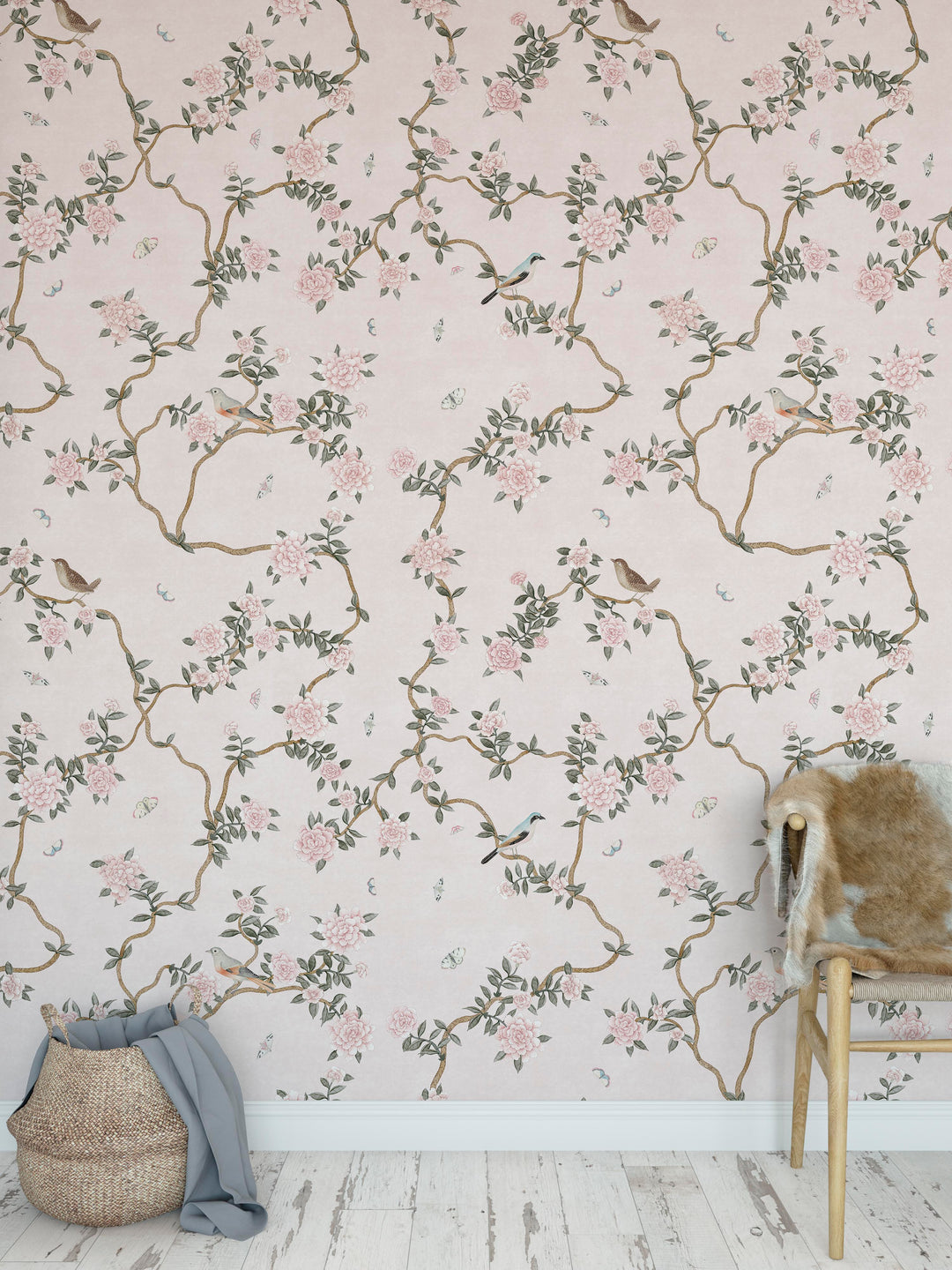 L’Atelier Botanique Chinoiserie Revival Wallpaper Mural in Pink Blush