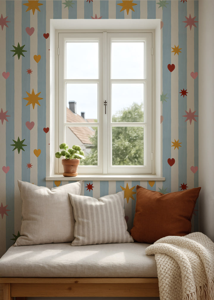 Blue Stripes Hearts Stars Wallpaper