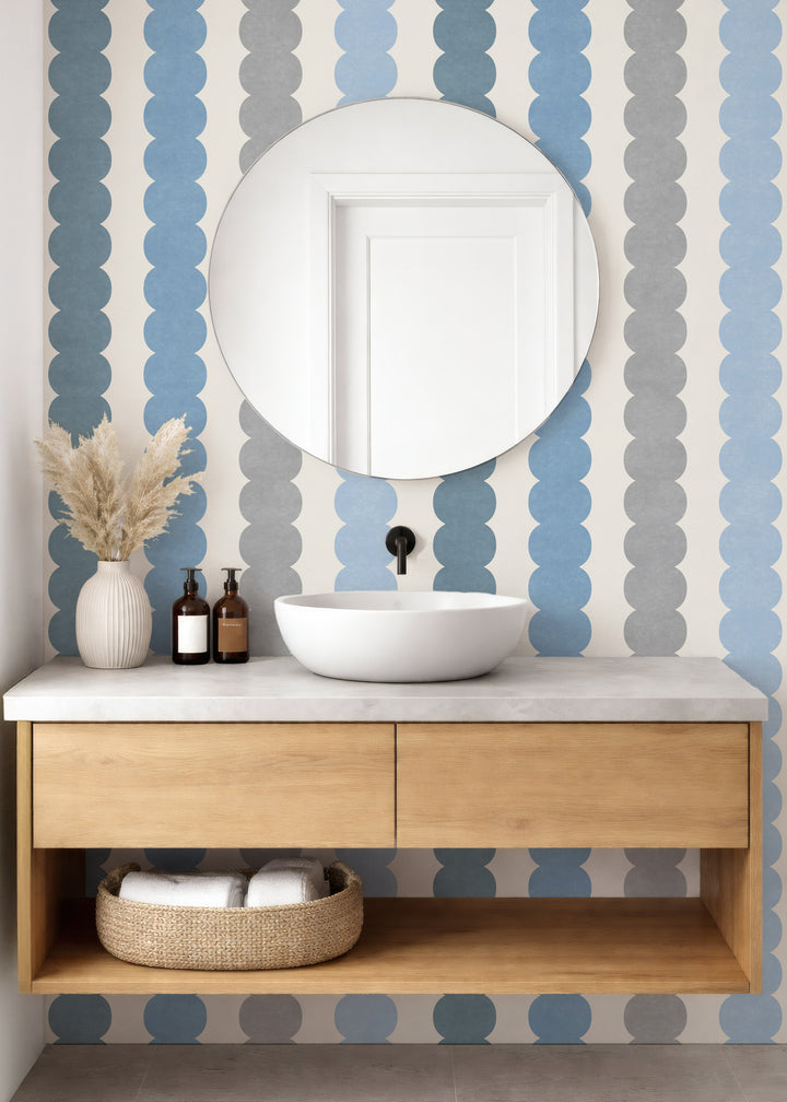 Minimal Pebble Column 4 Stripe Wallpaper – Blue, Gray and Off White