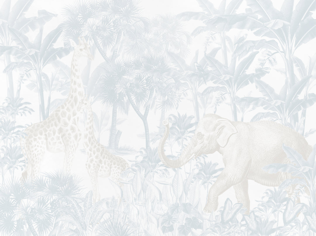 Antique African Jungle Mural in Light Blue and Cream