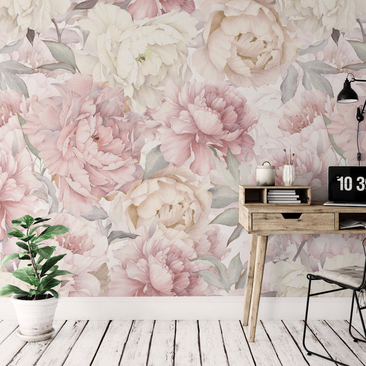 Muted Blush Watercolor Peony Garden Mural | Large Scale Floral Girl Nursery Wallpaper