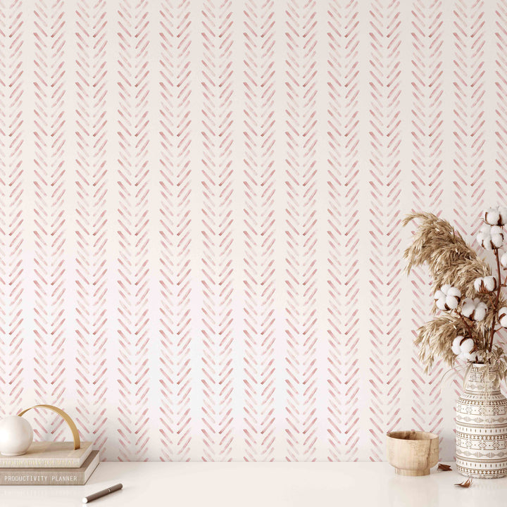 Papel pintado Boho Herringbone en rosa suave