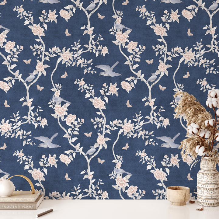 Le Tariche Chinoiserie Mural in Navy Blue