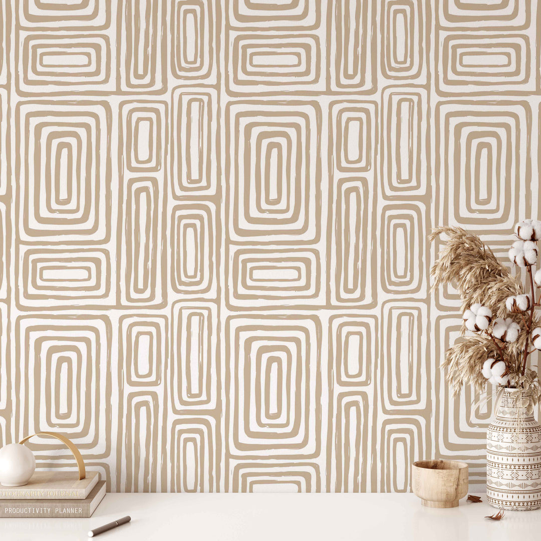 Warm Neutral Paint Brushed Labyrinth Wallpaper