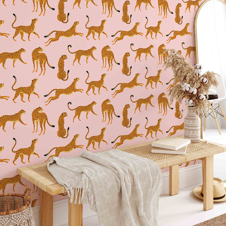 Papel Pintado De Guepardo Boho Rosa