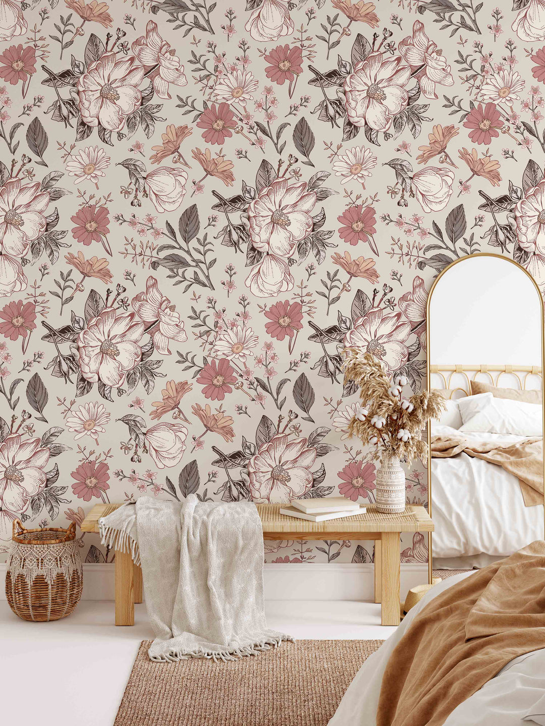 Vintage Floral Soft Blush Wallpaper Mural
