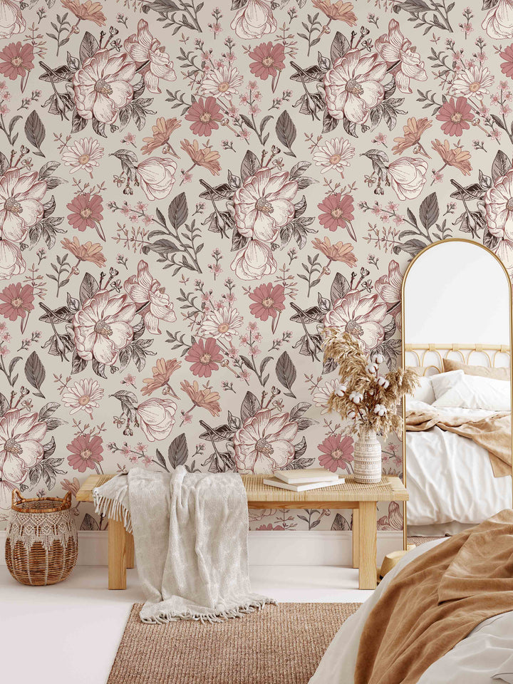 Vintage Floral Soft Blush Wallpaper Mural