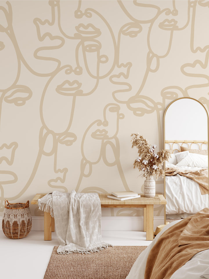 Faces Art Line Drawing in Cream Wallpaper Mural