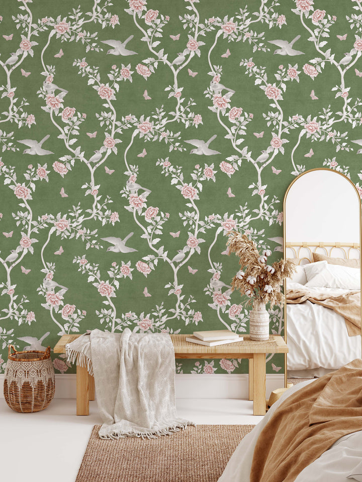 Le Tariche Chinoiserie Mural in Olive Green