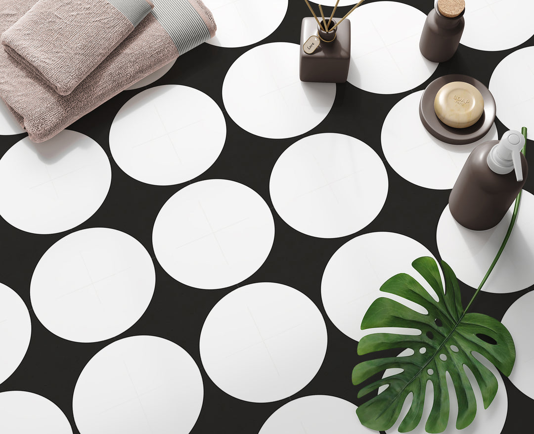 Paquete de pegatinas de vinilo para azulejos con círculos invertidos en blanco y negro bohemio
