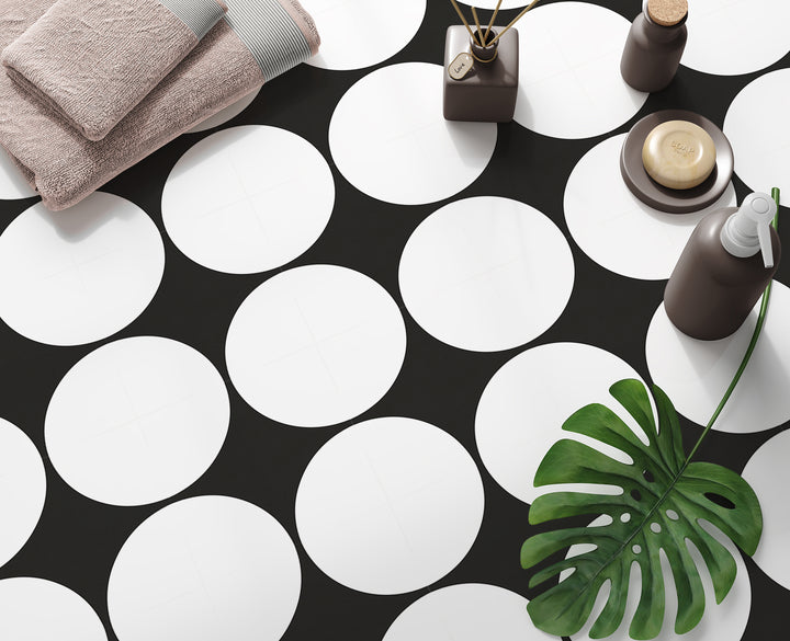 Paquete de pegatinas de vinilo para azulejos con círculos invertidos en blanco y negro bohemio