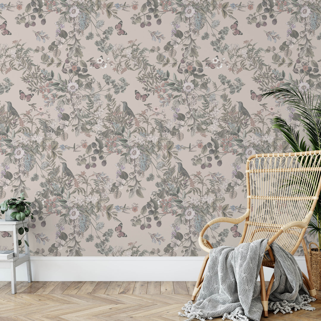 Light Tan Vintage Botanical Wildflowers Wallpaper