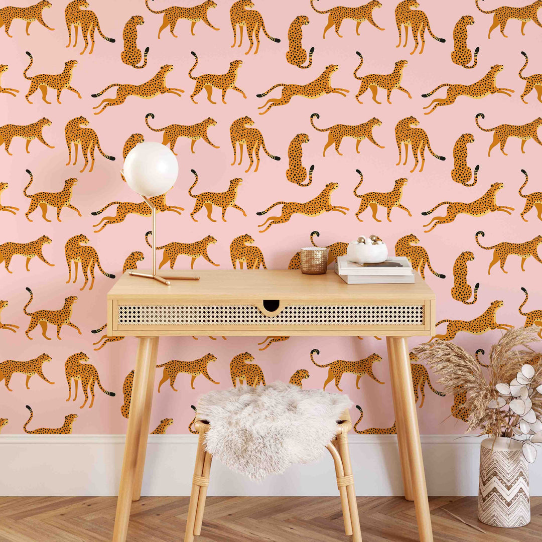 Papel Pintado De Guepardo Boho Rosa