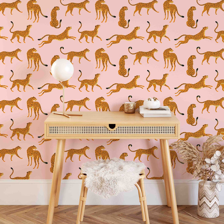Papel Pintado De Guepardo Boho Rosa