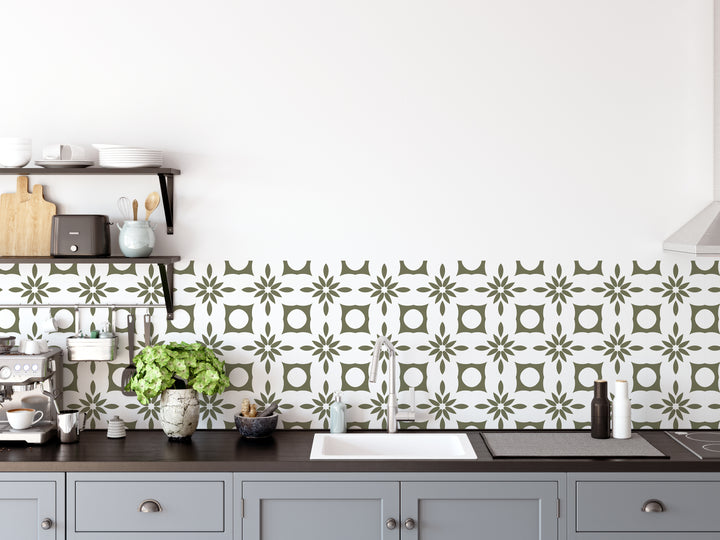 Paquete de pegatinas de vinilo con calcomanías de azulejos boho en color verde oliva y blanco
