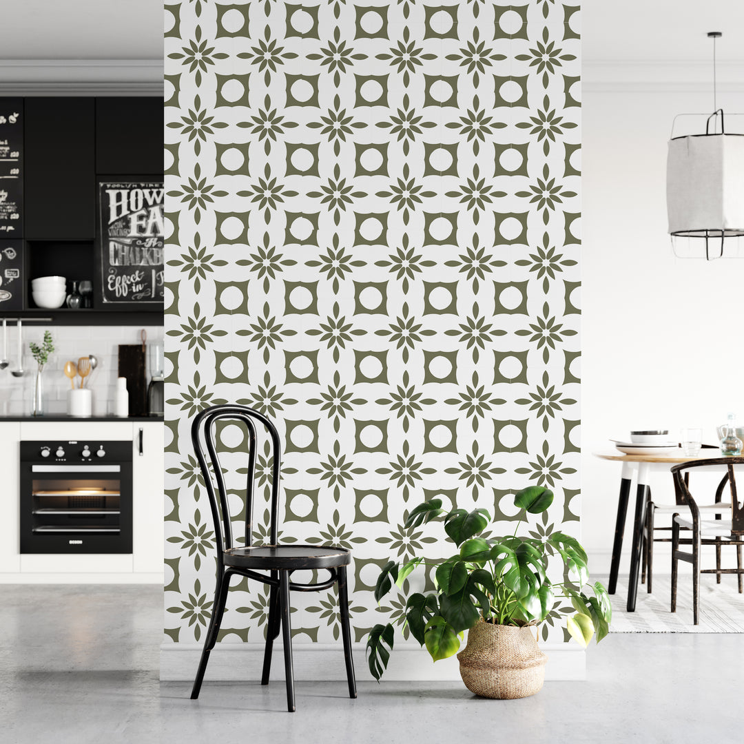 Paquete de pegatinas de vinilo con calcomanías de azulejos boho en color verde oliva y blanco