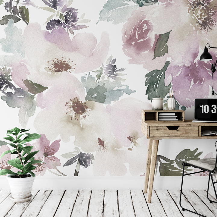 Muted Watercolor Peonies and Roses Wallpaper Mural