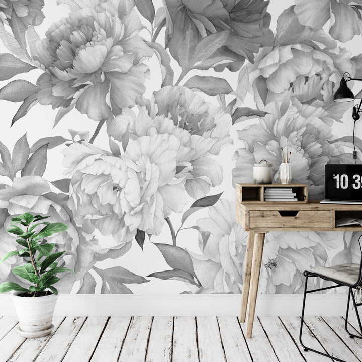 Gray Peonies Floral Wallpaper Mural