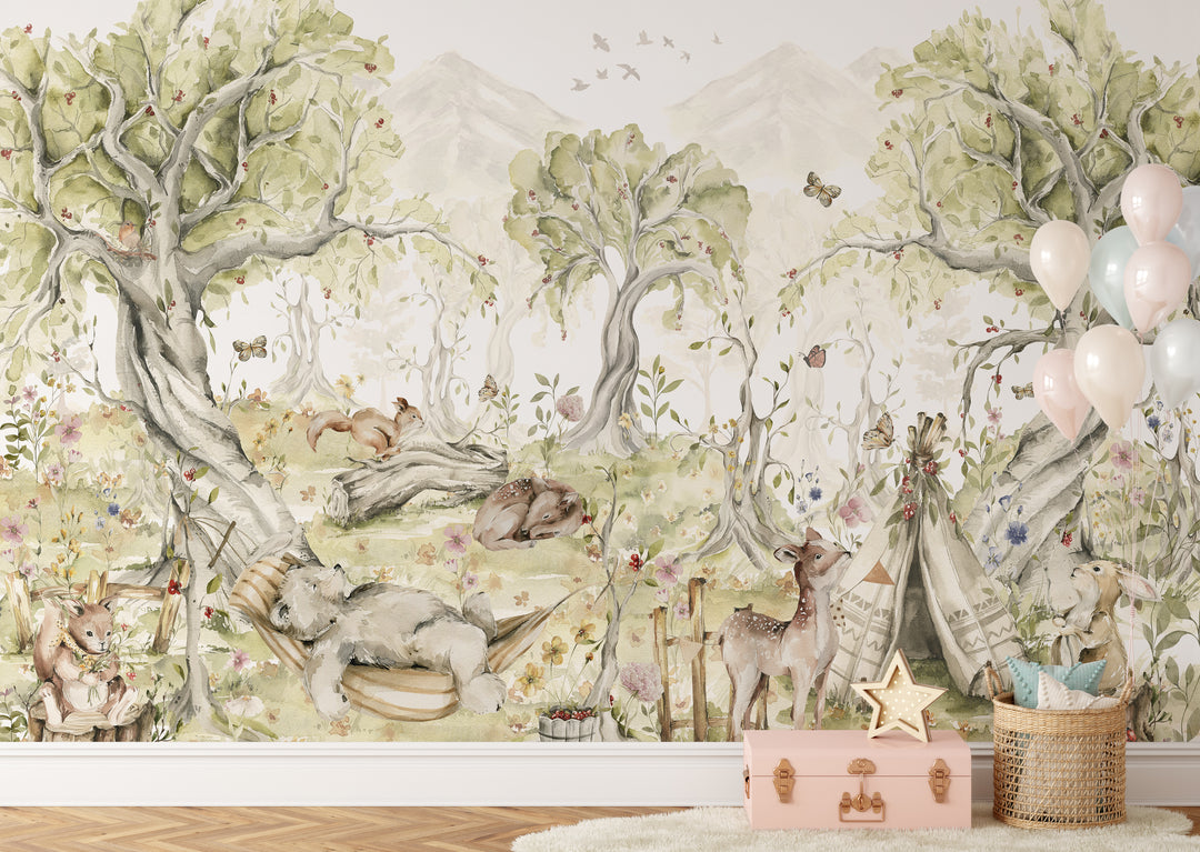 Watercolor Playful Animals Forest  Mural