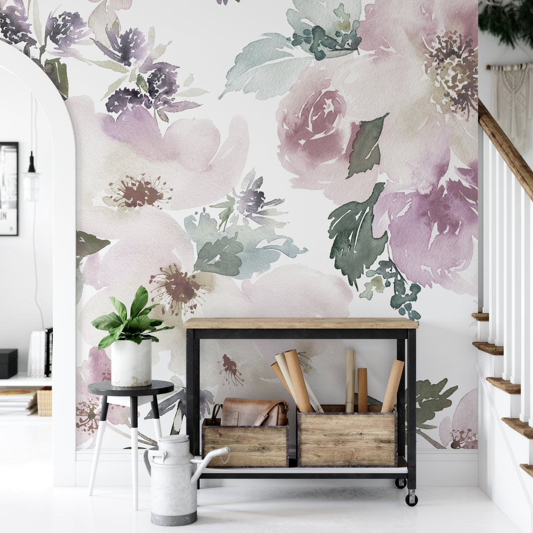 Muted Watercolor Peonies and Roses Wallpaper Mural