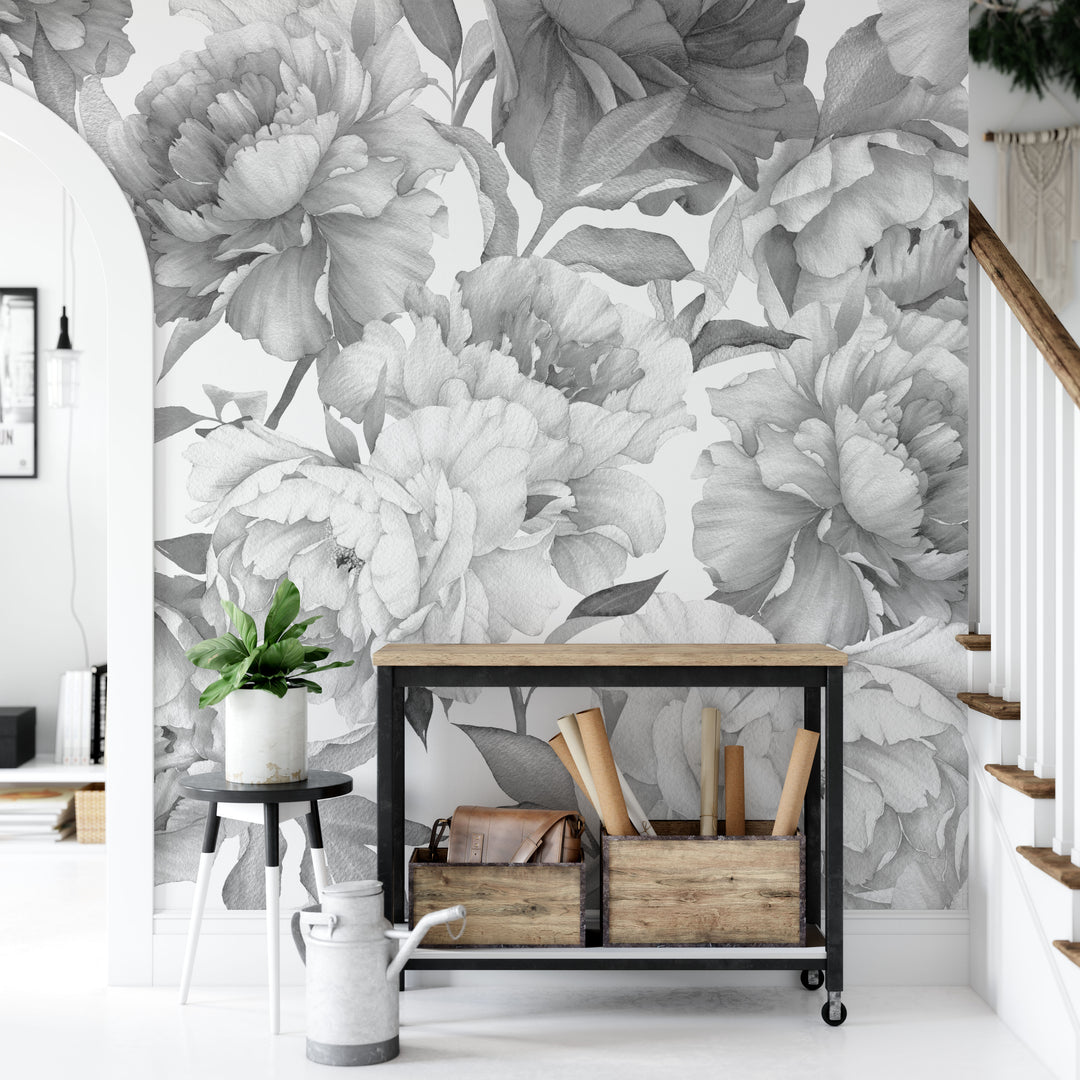 Gray Peonies Floral Wallpaper Mural
