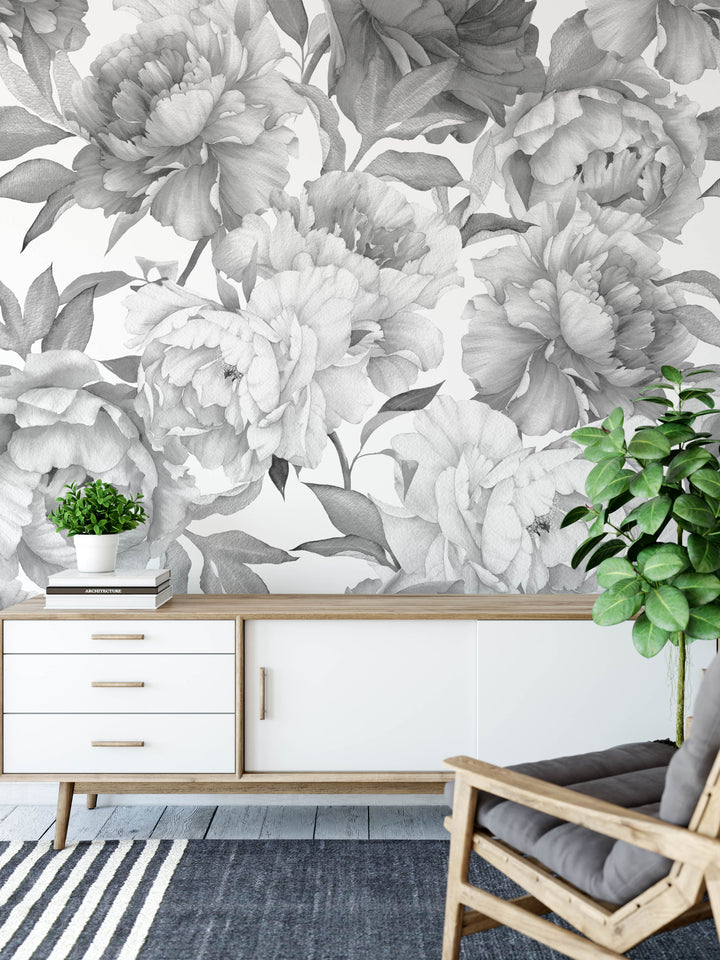 Gray Peonies Floral Wallpaper Mural