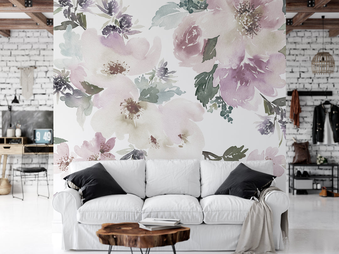 Muted Watercolor Peonies and Roses Wallpaper Mural