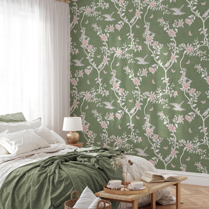Le Tariche Chinoiserie Mural in Olive Green