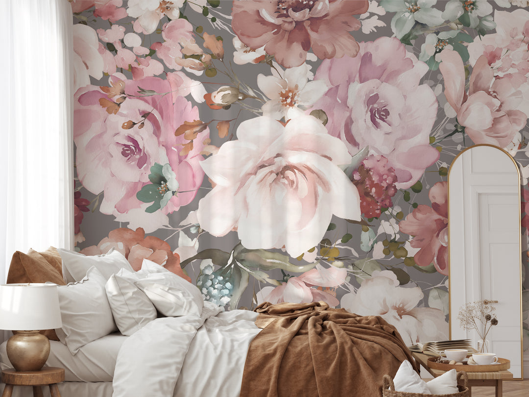Delicate Pinky Floral in Gray Mural