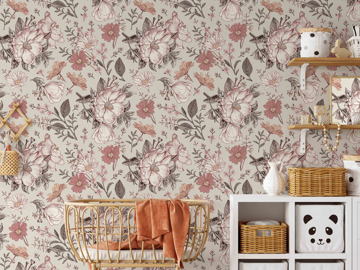 Vintage Floral Soft Blush Wallpaper Mural