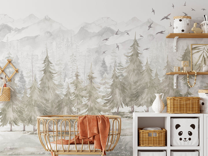 Winter Foggy Watercolor Forest Mural
