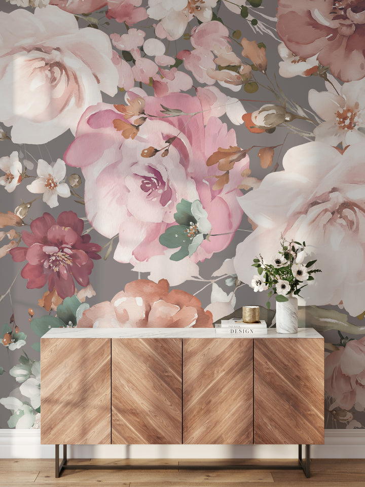 Delicate Pinky Floral in Gray Mural