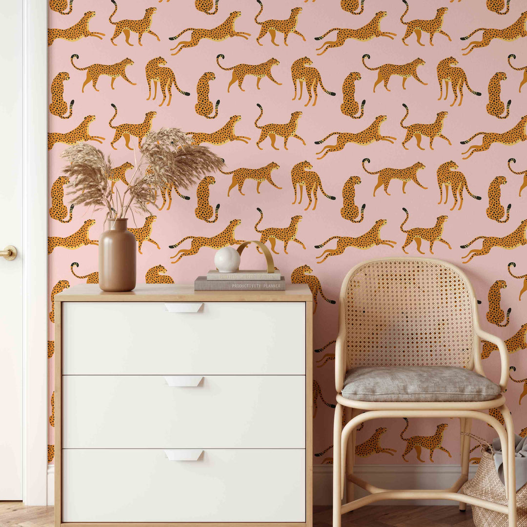 Papel Pintado De Guepardo Boho Rosa