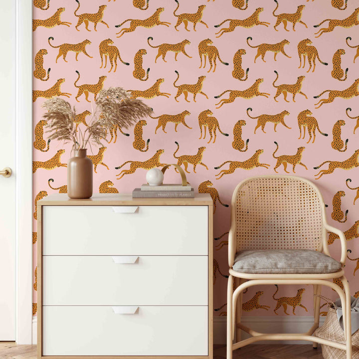 Papel Pintado De Guepardo Boho Rosa