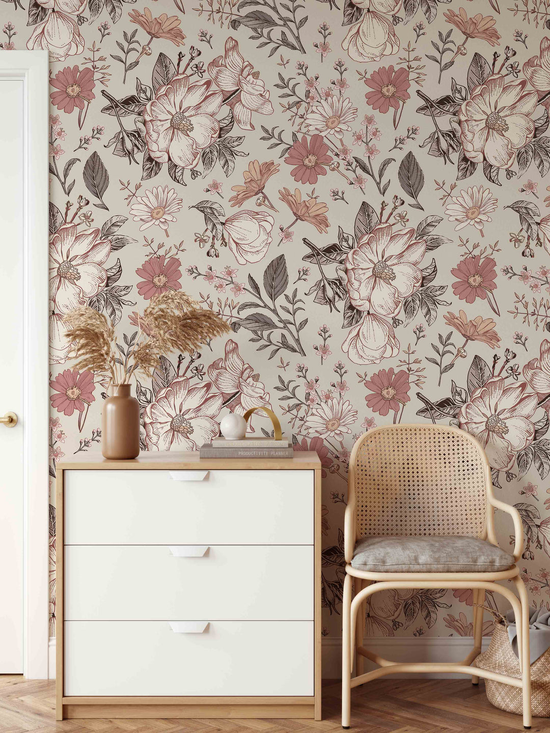 Vintage Floral Soft Blush Wallpaper Mural