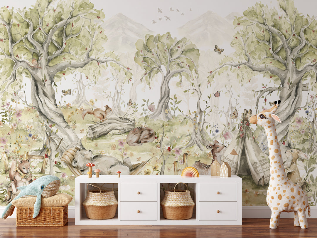 Watercolor Playful Animals Forest  Mural