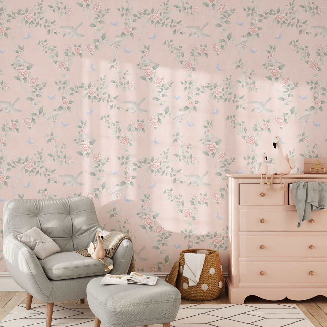 Le Tariche Chinoiserie Mural in Baby Pink