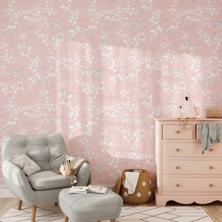 Le Tariche Chinoiserie Mural in White and Pink