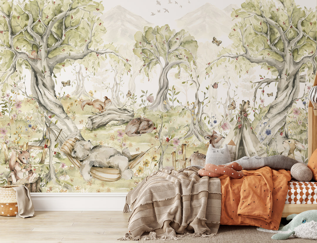 Watercolor Playful Animals Forest  Mural