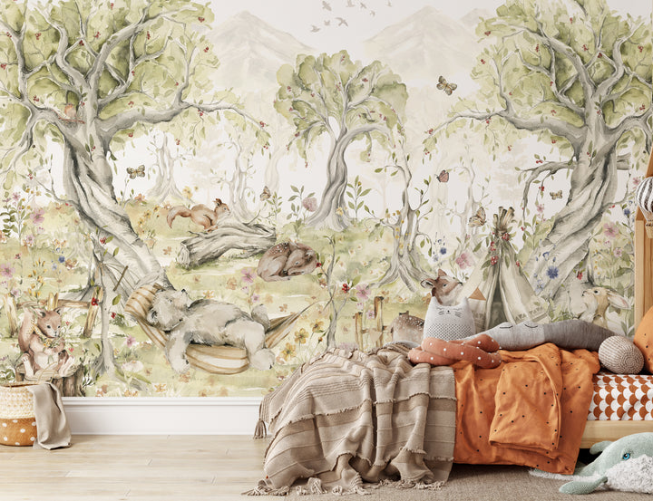 Watercolor Playful Animals Forest  Mural