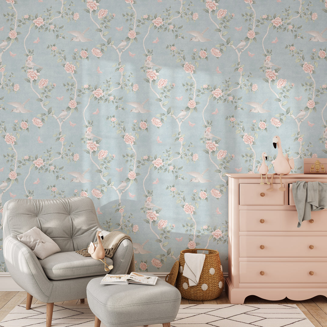 Le Tariche Chinoiserie Mural in Baby Blue